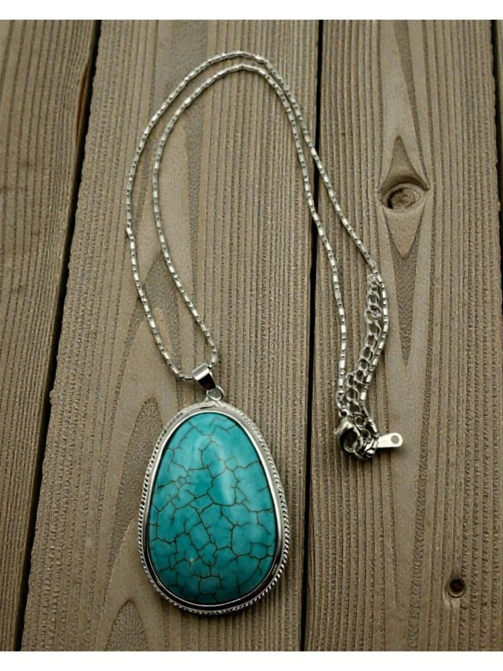 Faux Turquoise Pendant Necklace Silver Tone Chain Boho Southwest Oval Cabochon